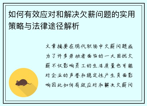 如何有效应对和解决欠薪问题的实用策略与法律途径解析